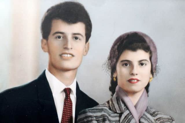 Sam and Teresas hand-coloured wedding photo