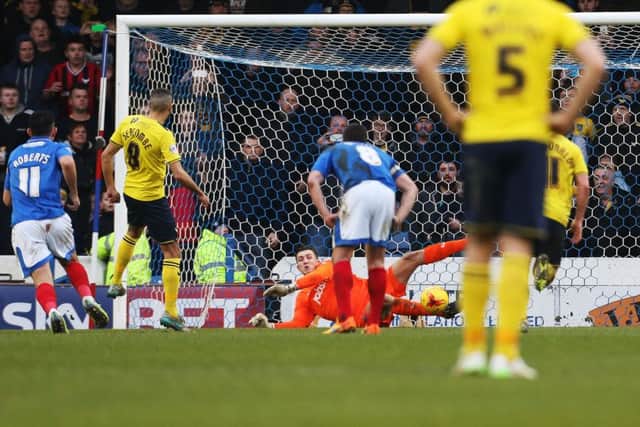 Ryan Fulton saves Liam Sercombe's penalty Picture: Joe Pepler