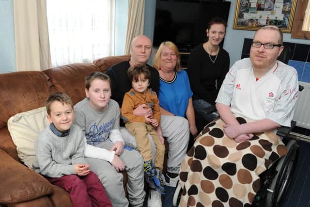 From left, Jay Adams 7, Callum Adams 10, Leon Adams-Sellen 4, Nigel Adams 54, Trish Adams 51, Anna Adams 32, Shane Adams 33