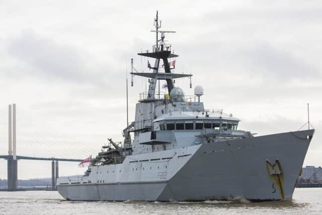 HMS Severn passing through the Queen Elizabeth II Bridge towards London