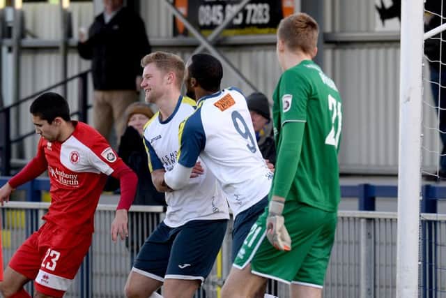 Hawks defender Josh Hill, centre, has extended his loan from Boreham Wood until the end of the season Picture: Paul Jacobs