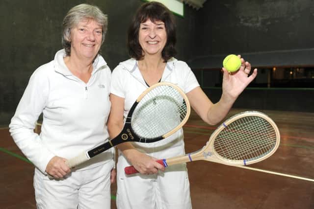 (L-r) Diana Wilson (62), and Rosie Law (51), who regularly play real tennis at Seacourt Tennis Club, Hayling Island