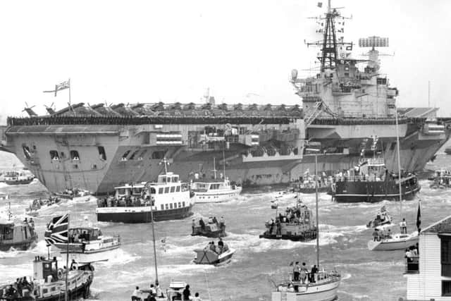 HMS Hermes, the aircraft carrier, returns from the Falklands in 1982
