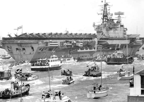 HMS Hermes, the aircraft carrier, returns from the Falklands in 1982