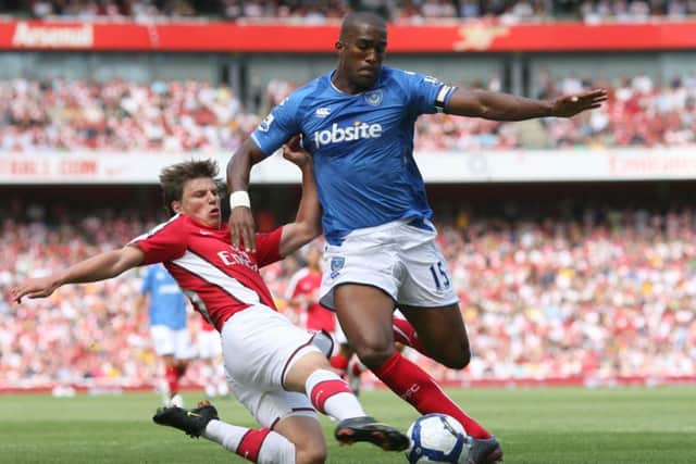 Sylvain Distin in action in his final game for Pompey