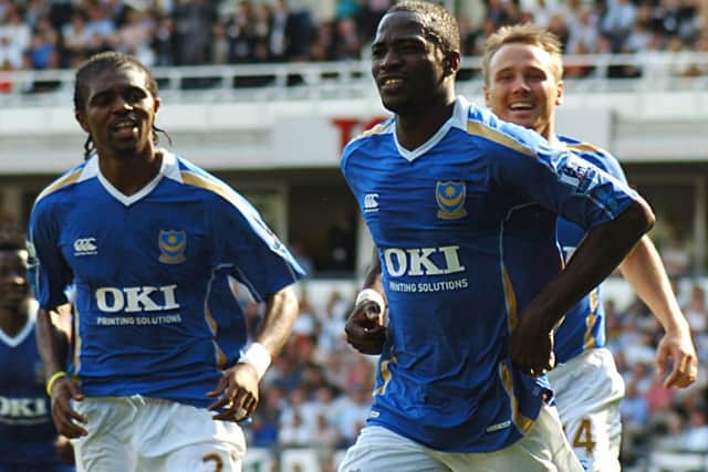Former Pompey forward John Utaka, centre, with Kanu, left, and Matt Taylor