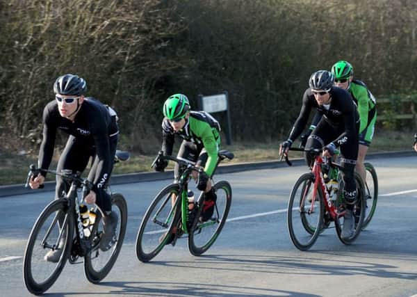 Joe Fry's Pedal Heaven team-mates Mitch Webber, second left, and Rory Townsend, right, in action during last season's Perfs Pedal. Picture: Allan Hutchings (150213-673)