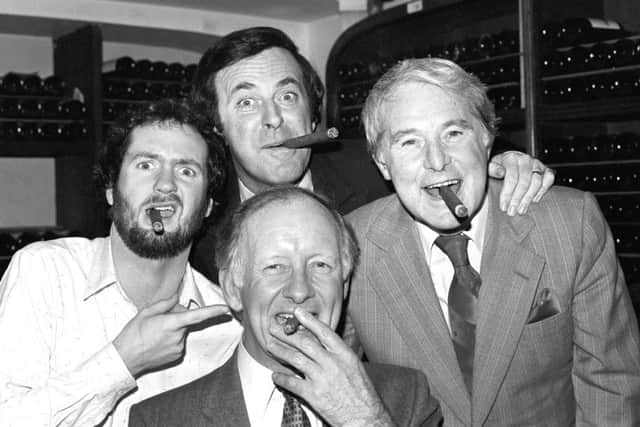 Sir Terry Wogan (back), winner of the Old Court Whisky TV Personality of the Year Award, with three other winners Kenny Everett (left), Ernie Wise (right), and Frank Bough.  Photo: PA Wire
