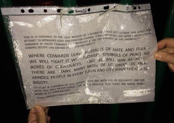 Messages of support at Madani Academy after somebody tied a pig's head to the school's gates Picture: PompeyPolice