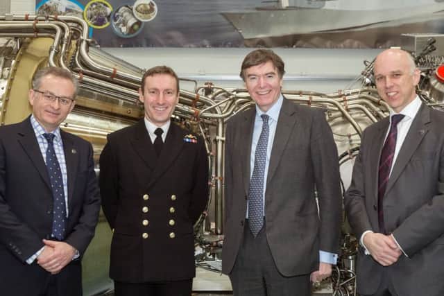 (L-r) Tomas Leahy from Rolls-Royce, Commodore Paul Methven, defence procurement minister Philip Dunne MP and Geoff Searle of BAE Systems