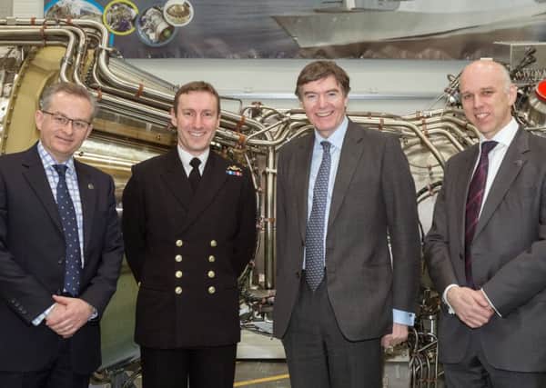 (L-r) Tomas Leahy from Rolls-Royce, Commodore Paul Methven, defence procurement minister Philip Dunne MP and Geoff Searle of BAE Systems