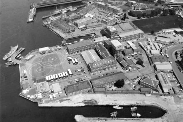 An aerial view of HMS Vernon on October 5, 1981. Apart from the railway line and Portsmouth Harbour station, everything in this picture is now Gunwharf Quays 
 PP4255 PPP-150118-130826001