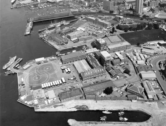 An aerial view of HMS Vernon on October 5, 1981. Apart from the railway line and Portsmouth Harbour station, everything in this picture is now Gunwharf Quays 
 PP4255 PPP-150118-130826001
