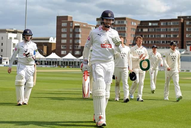 Sean Terry leads the teams off the field at Hove last summer after steering Hampshire to success over Sussex. Picture: Dave Vokes/LMI Photography