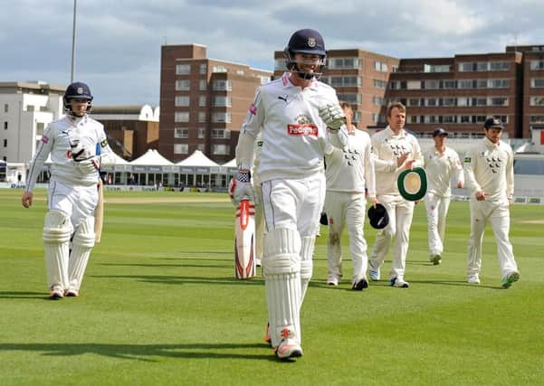 Sean Terry leads the teams off the field at Hove last summer after steering Hampshire to success over Sussex. Picture: Dave Vokes/LMI Photography
