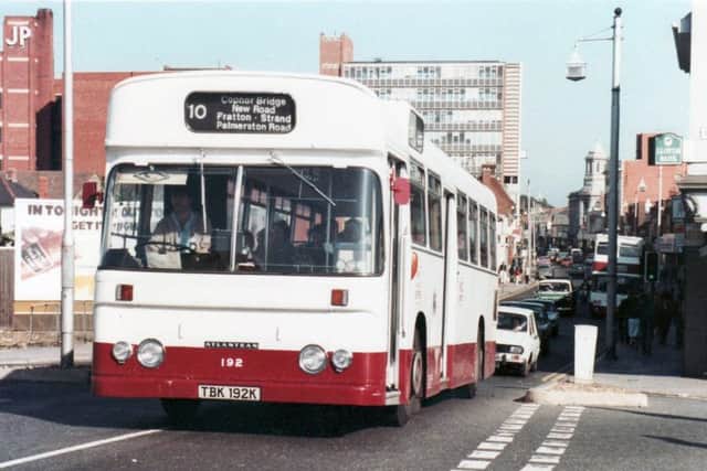 Leyland Atlantean saloon 192, an extremely rare bus, on Fratton bridge in 1981 giving a splendid view down Fratton road. This was one of only 14 buses like this in the country.