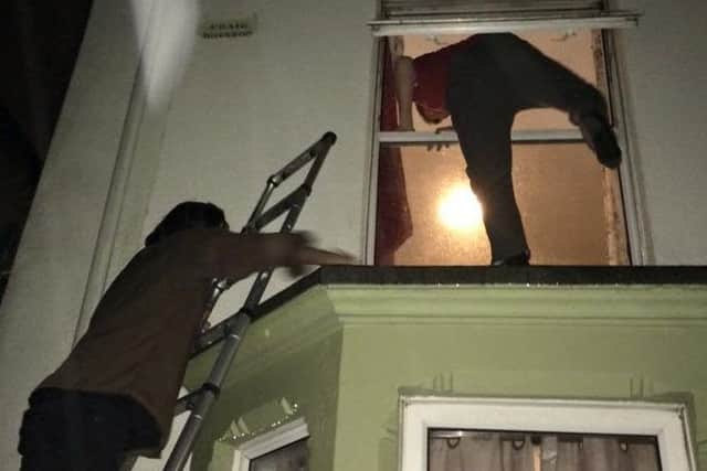 Liam exits the bedroom via a window