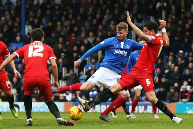 Pompey striker Michael Smith's route to goal is blocked against Leyton Orient    Picture: Joe Pepler