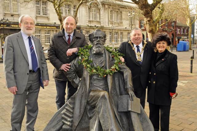 Professor Tony Pointon, Ian Dickens, the great-great grandson of Charles Dickens, The Lord Mayor of Portsmouth Cllr Frank Jonas and Mary McDermott vice-chairwoman of The Dickens Society  Picture:  Malcolm Wells (160207-7604)