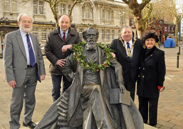 Professor Tony Pointon, Ian Dickens, the great-great grandson of Charles Dickens, The Lord Mayor of Portsmouth Cllr Frank Jonas and Mary McDermott vice-chairwoman of The Dickens Society  

Picture:  Malcolm Wells (160207-7604)