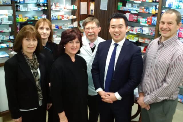 Alan Mak MP with Keith Seston and staff at Davies Pharmacy in Havant