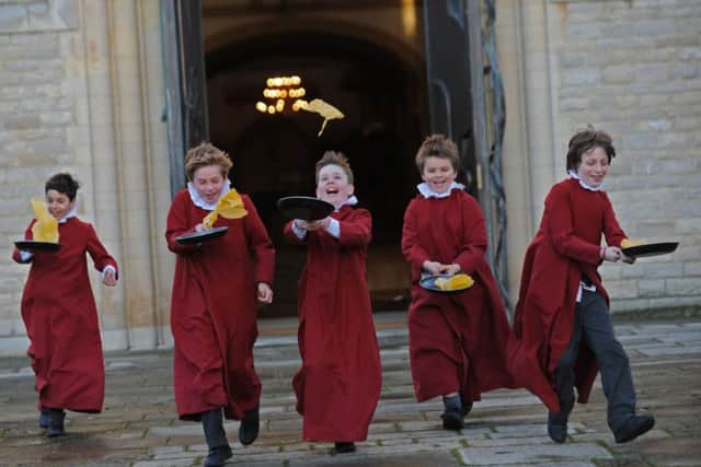 Choristers at Portsmouth Cathedral celebrated Shrove Tueday with a pancake race. (L-r), Si Si Haba (10), Thomas Moore (10), Christian Sim (11), Will Parker (8), Themis Orfanidis (10)