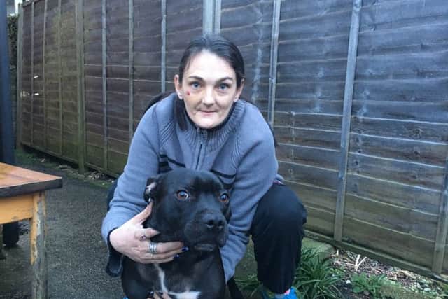 Assault victim Kelly West with her Staffie, Tiny