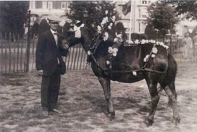 George Good with one of his ponies dressed overall on Southsea Common and, inset, two of his men with a horse and cart.