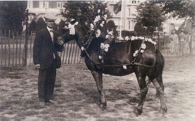 George Good with one of his ponies dressed overall on Southsea Common and, inset, two of his men with a horse and cart.