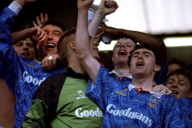 Alan McLoughlin, right, celebrates after firing Pompey to the 1991-92 FA Cup semi-finals