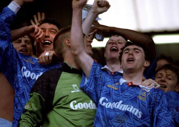 Alan McLoughlin, right, celebrates after firing Pompey to the 1991-92 FA Cup semi-finals