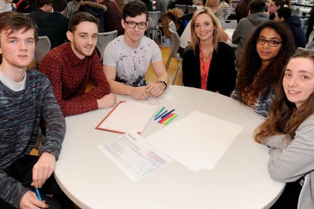 Charleine Wain with students, from left, Angus Kane, 18, Reece Matthews, 17, Lewis Hayes, 17, Nabila Naushad, 16, and Nicole Badger, 17  Picture: Sarah Standing (160325-3128)