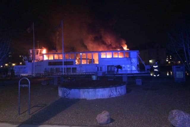 The former Gosport Ferry was badly damaged in a fire in Copenhagen where it was a restaurant Picture: Copenhagen Fire Service
