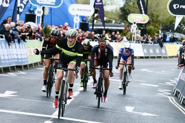 George Stainton-Ellis celebrates success in the amateur support race at last season's Tour Series event in Ryde. Picture: Eamonn Deane/localriderslocalraces.co.uk
