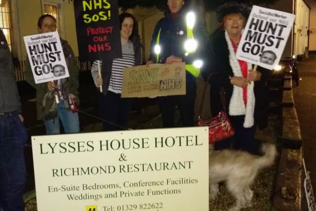 Protesters gathered outside the Lysses Hotel in Fareham in case health secretary Jeremy Hunt turned up - but the drinks party was cancelled Picture: Jon Woods