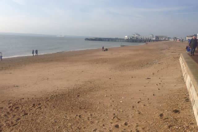 The beach at Southsea has had its pebbles blown away by the recent storms