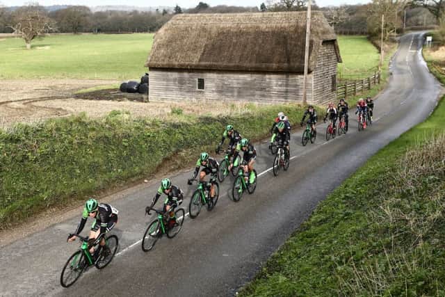 Pedal Heaven put the hammer down at the front of a select group as they approach the Portsdown Hill climb. Picture: localriderslocalraces