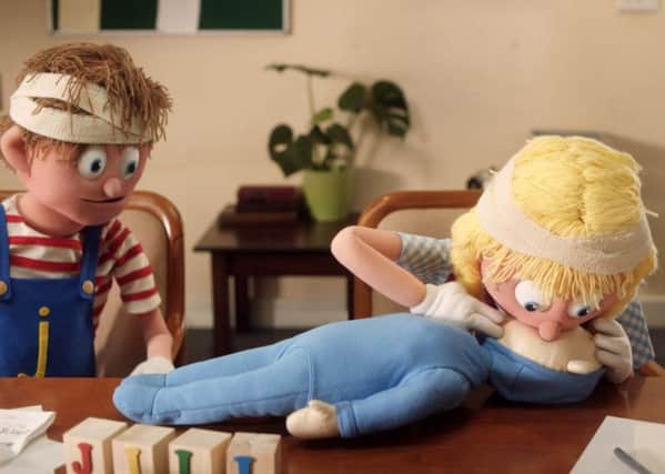 A scene from the video teaching baby CPR