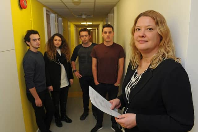 Marika Henneberg with students, from left, Ionut Tannas, Ludovica Mondino, Daniel Winfield and Ivor Ash              
Picture Ian Hargreaves  (160169-1)