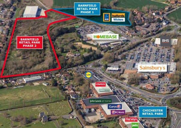 A layout of where Phase One and Two of Barnfield Drive will go. Sports Direct wants to move to a unit next to Halfords and Wickes
