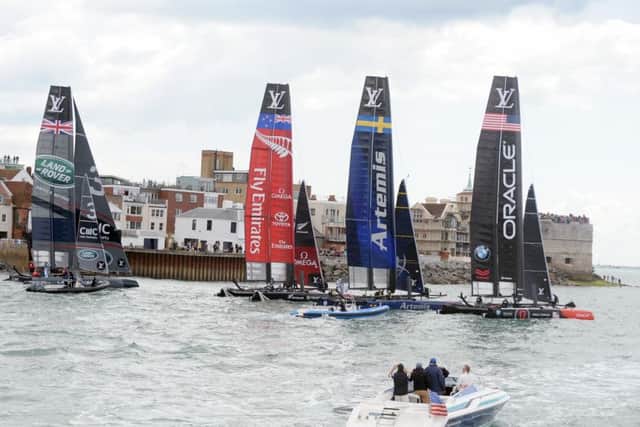 From left, the Land Rover BAR team GB, Emirates team New Zealand, Sweedish racers Artemis Racing and Oracle team USA head out on the Saturday of last year's racing Picture: Sarah Standing (151309-2342)
