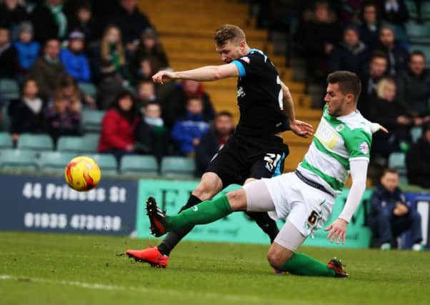 Pompey striker Michael Smith fires narrowly wide against Yeovil Town    Picture: Joe Pepler