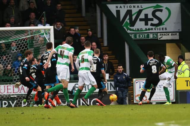 Francois Zoko, far right, fires Yeovil ahead against Pompey in the 1-1 draw at Huish Park Picture: Joe Pepler