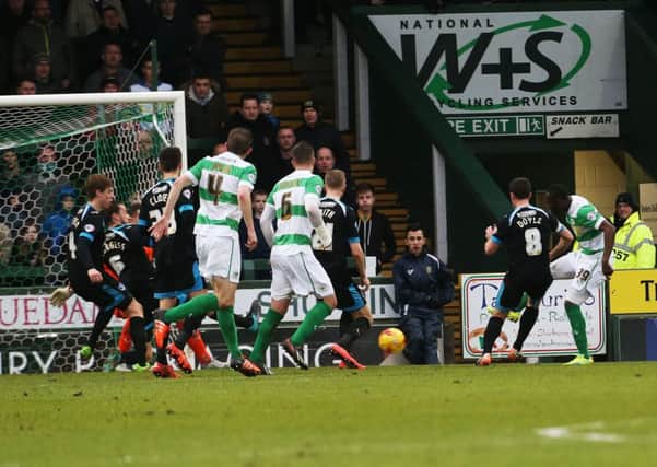 Francois Zoko, far right, fires Yeovil ahead against Pompey in the 1-1 draw at Huish Park   Picture: Joe Pepler