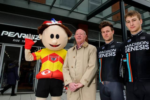 From left: Tour Series mascot ToBi, Portsmouth City Council's Ken Ellcome and Madison Genesis professional riders Matt Cronshaw and Tristan Robbins at the launch of the Portsmouth round at the Pearl Izumi store in Gunwharf Quays on Saturday. Picture: Allan Hutchings (160144-347)