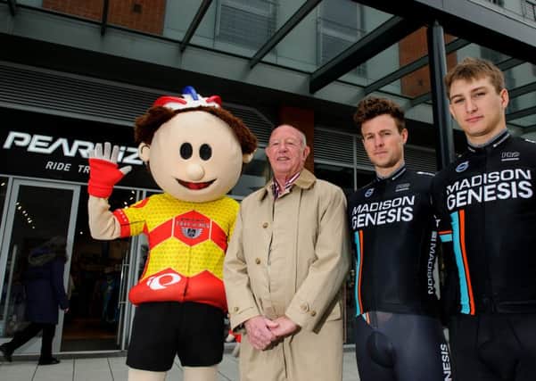 From left: Tour Series mascot ToBi, Portsmouth City Council's Ken Ellcome and Madison Genesis professional riders Matt Cronshaw and Tristan Robbins at the launch of the Portsmouth round at the Pearl Izumi store in Gunwharf Quays on Saturday. Picture: Allan Hutchings (160144-347)
