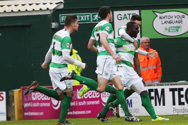 Yeovil celebrate the opening goal. Picture: Joe Pepler