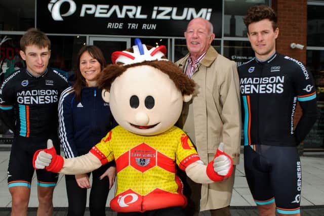 From the left are Madison Genesis professional rider Tristan Robbins, Jo-Anne Downing, British Cycling mascot ToBi, Cllr Ken Ellcome, cabinet member for transport at PCC and Madison Genesis professional rider Matt Cronshaw