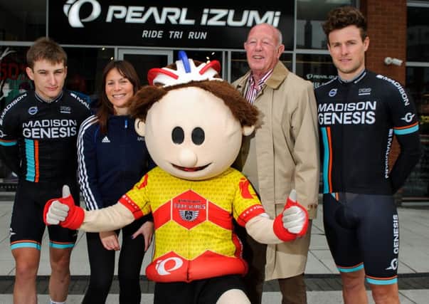 From the left are Madison Genesis professional rider Tristan Robbins, Jo-Anne Downing, British Cycling mascot ToBi, Cllr Ken Ellcome, cabinet member for transport at PCC and Madison Genesis professional rider Matt Cronshaw