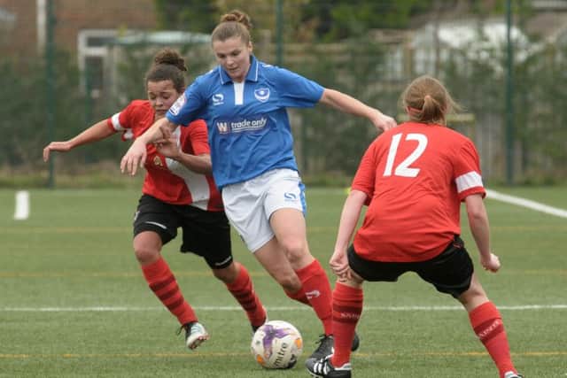 Nadine Bazan on the ball for Pompey Ladies against Southampton. Picture: Mick Young (160189-15)